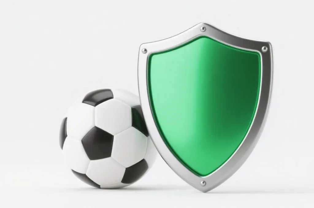 3D rendering of a green security shield combined with a soccer ball, symbolizing defensive betting strategies
